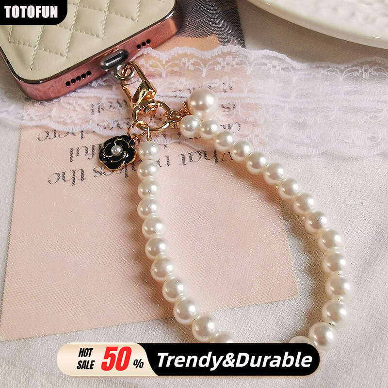 Double Layer Pearl Phone Wristlet with Camellia Pendant - Detachable Strap for Phones, Bags & Keys, Trendy Women's Accessory
