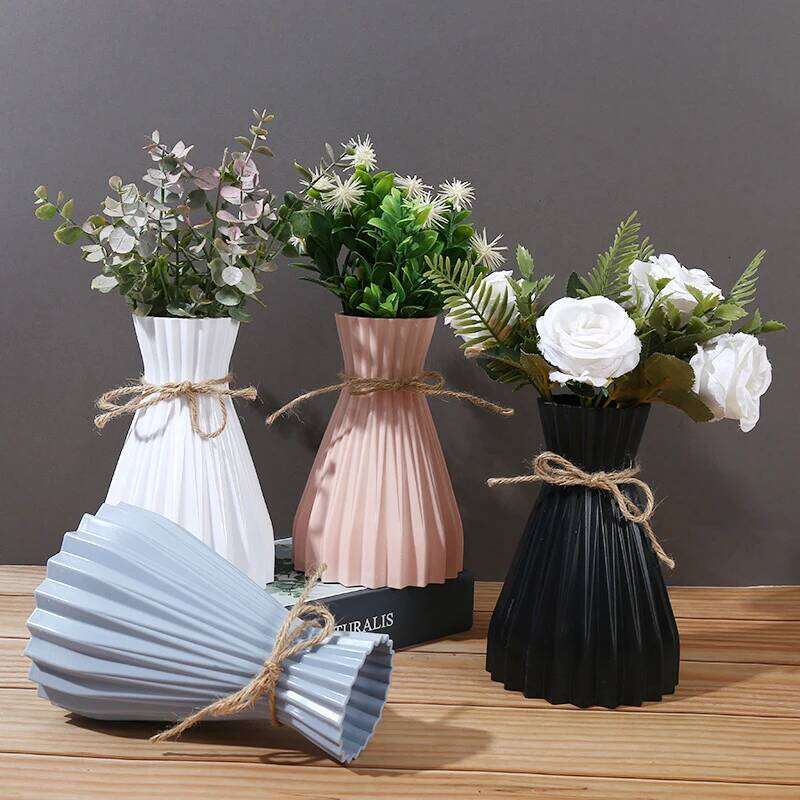1Pc Narrow Waist Origami Striped Tabletop Simple Home Decor Creative Twine Bow Imitation Ceramic Plastic Flower Vase C260116