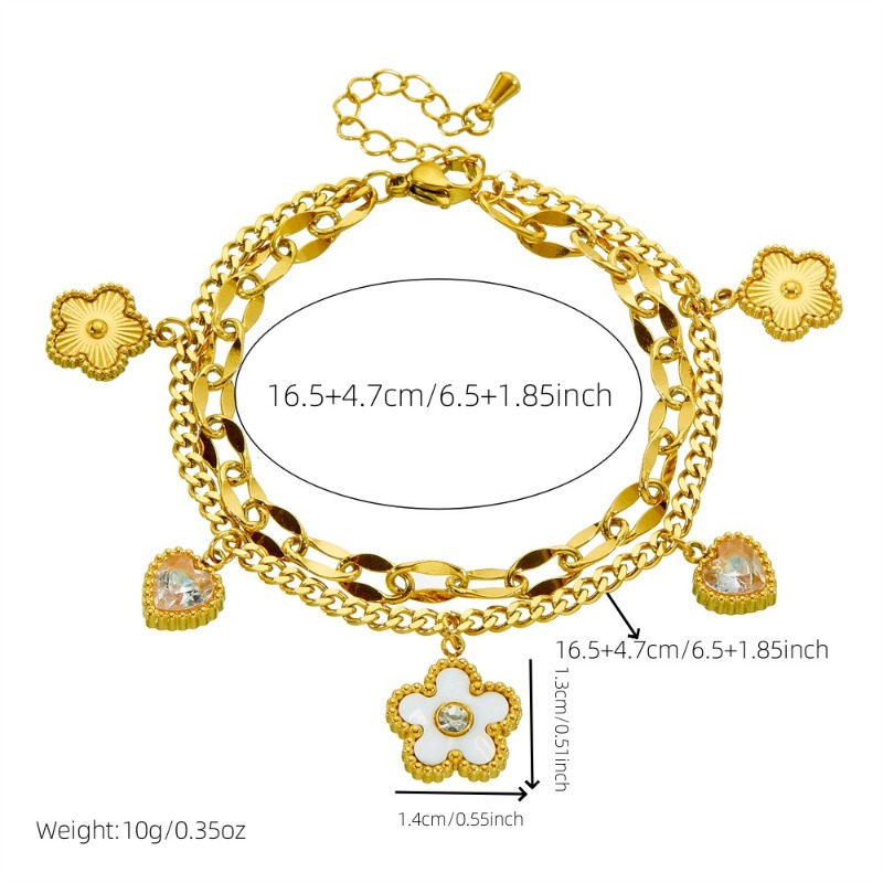 Trendy Minimalist Zircon Heart White Shell Flower Double Layer Stainless Steel Chain Bracelet for Women