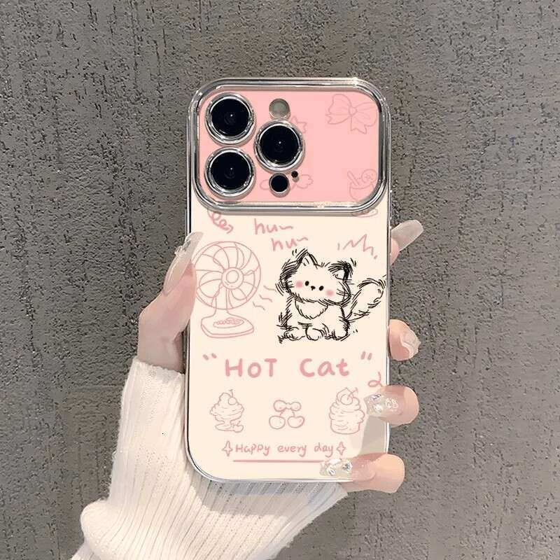 Phone Case New Fan Cat Compatible With Iphone 16 Pro 15 14 13 12 11 Electroplated Large Window For Women