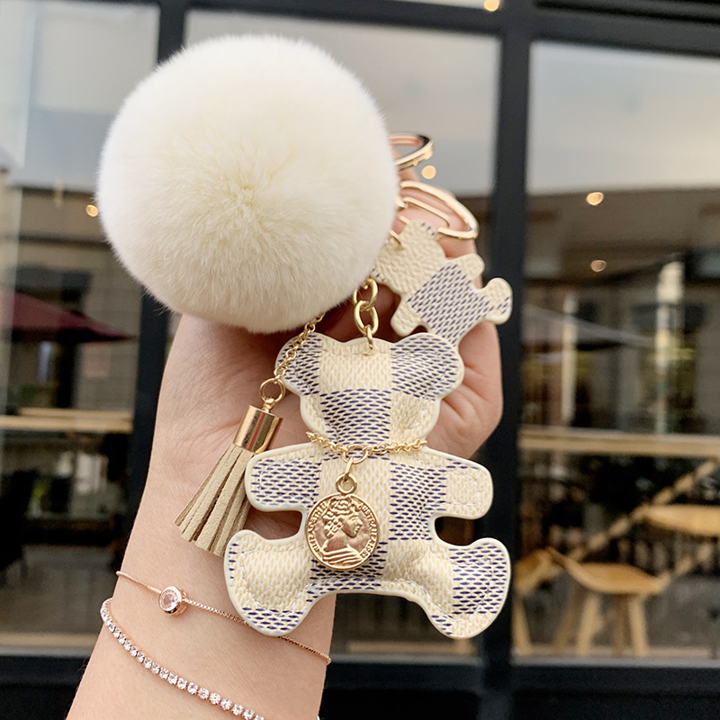 keychains new 2026 Cute Bear and Cat Keychain Checkered PU Leather Fur Pom-pom Coin Tassel Bag Car Decor - view 4