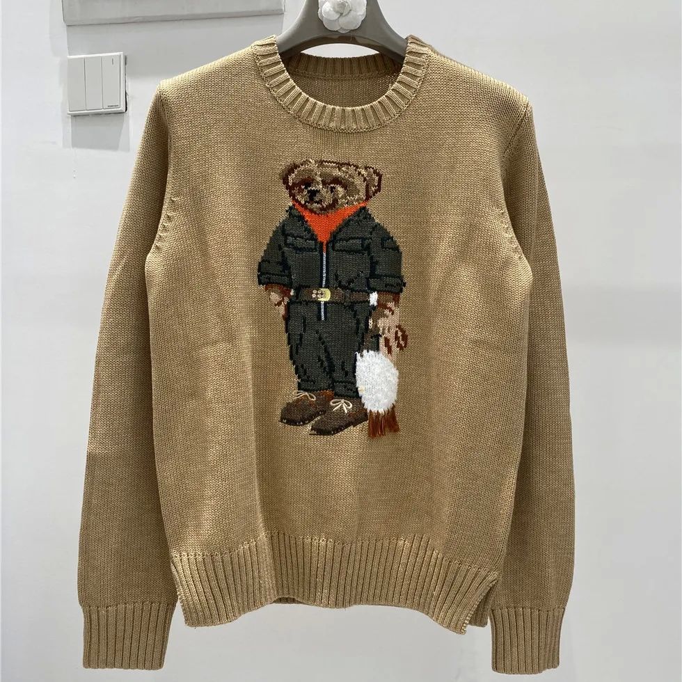 Bear Embroidered Knit Sweater Mens Vintage Crewneck Pullover Casual Knit