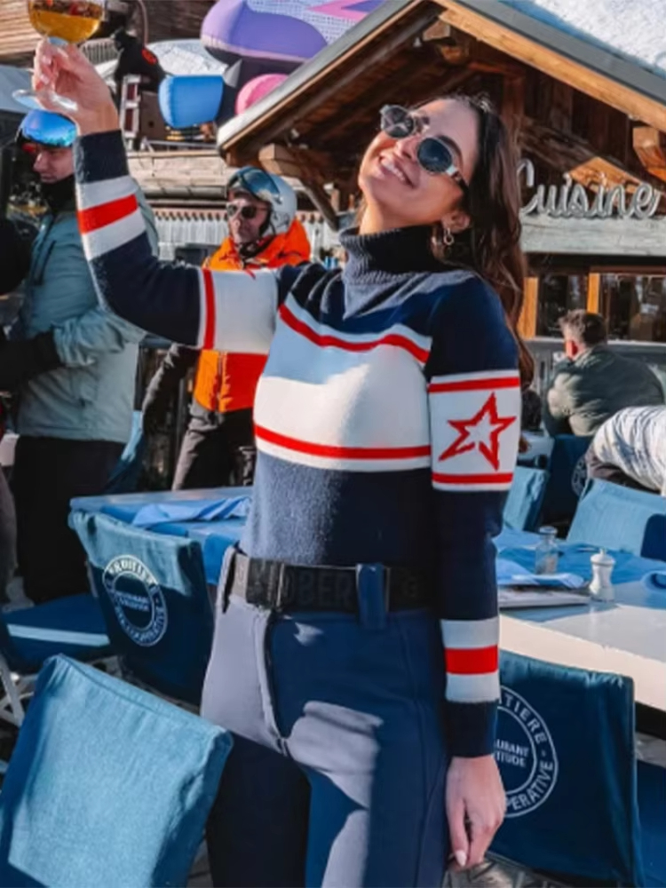 Ski Letter Star Contrast Turtleneck Sweater Women Loose Long Sleeve Knitted Snow Pullover Sweaters Spring Lady Warm Jumper