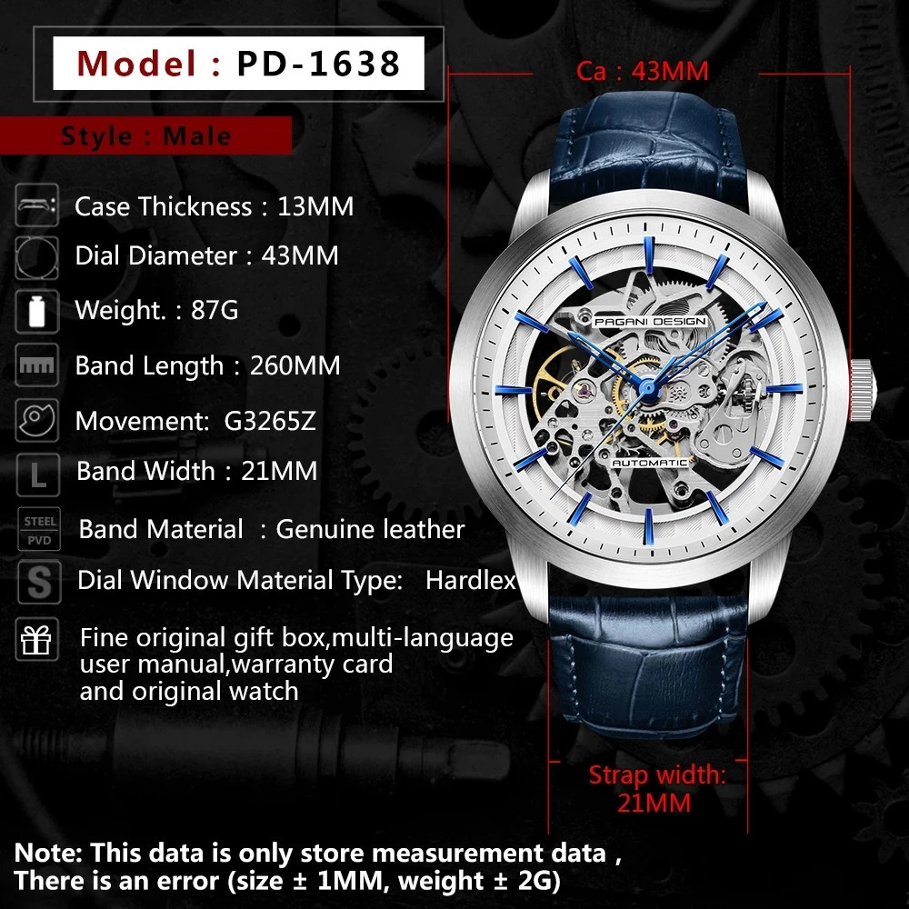 PAGANI Fashion Sports Leather Watches Men Automatic Mechanical Skeleton Waterproof Watches Relogio Masculino 260114