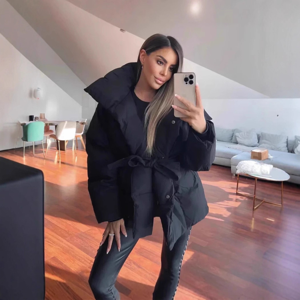 Women's Down Parkas Malina Thick Loose Parkas Women Fashion Solid Covered Button Coats Women Elegant Tie Belt Long Cotton Jackets Female Ladies 2