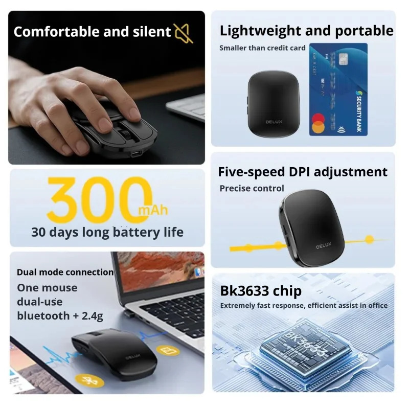 Delux Pocket Folding Mouse Wireless 24G Bluetooth52 Silent Click Portable Ultra-light 55g for Tablet Computer PC Mice 260112