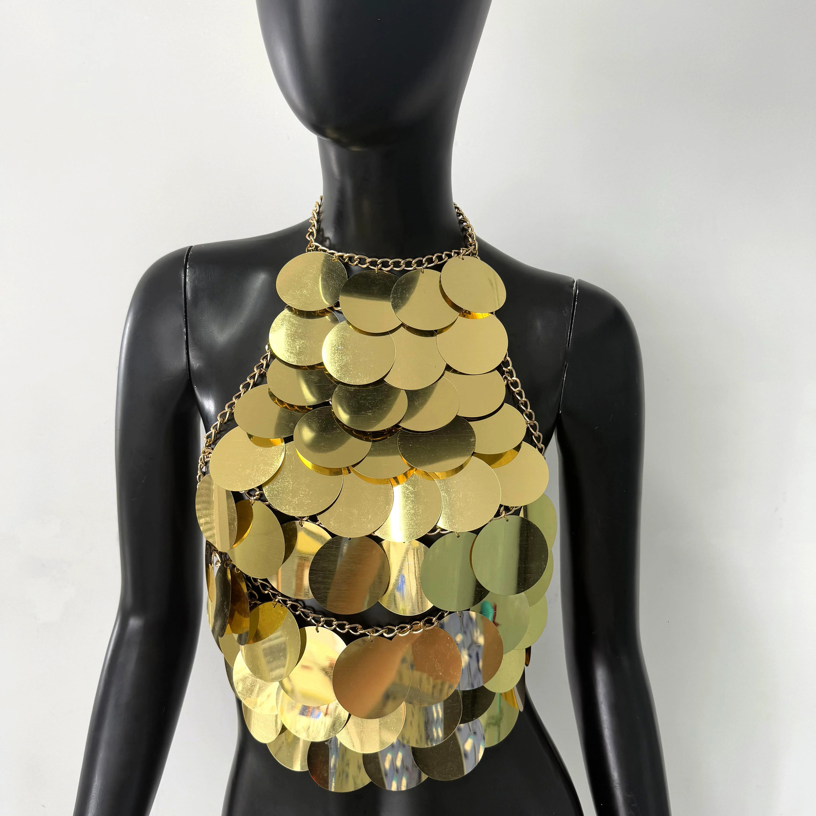 AKYZO European and American fashion sequin suspender sexy vest hand stitched gold circular hanging neck suspender top 260116