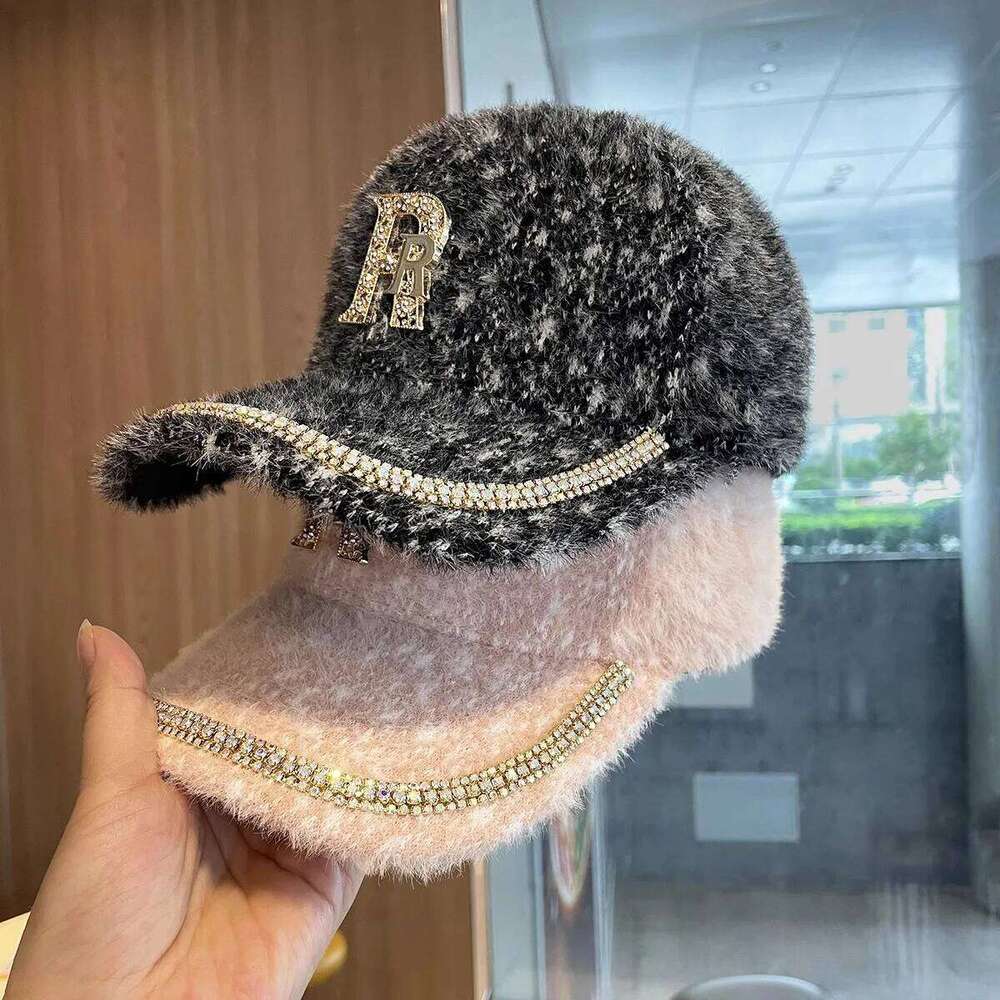 Rhinestone Alphabet Baseball Children Autumn and Winter Warm Hat Korean Version Fashion Versatile Mink Hair Cap Ins Y260115