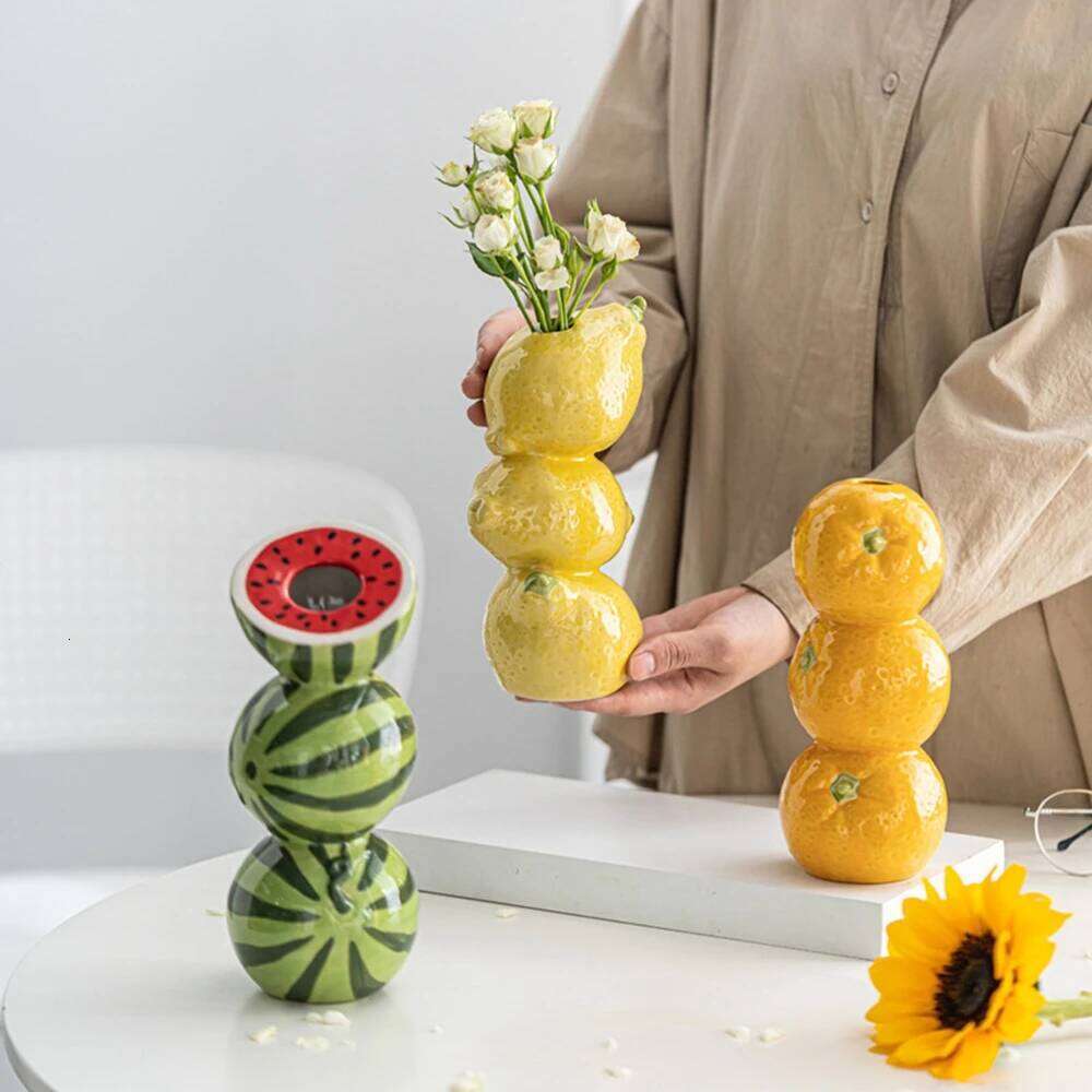 Ceramic Vase Orange Lemon Watermelon Fruit Fresh Flower Tabletop Centerpiece Home Living Room Office Decoration Desktop C260116