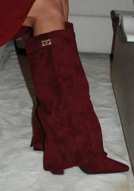 Designer Metal Buckle Mid-Calf Large Size Chunky Heel Trousers Women's Boots