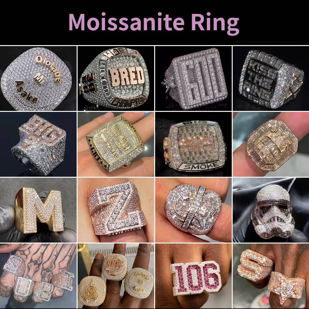 Hiphop Moissanite Ring Love Heart Shape Baguette Cut 925 Silver Vvs Iced Out Moissanite Ring