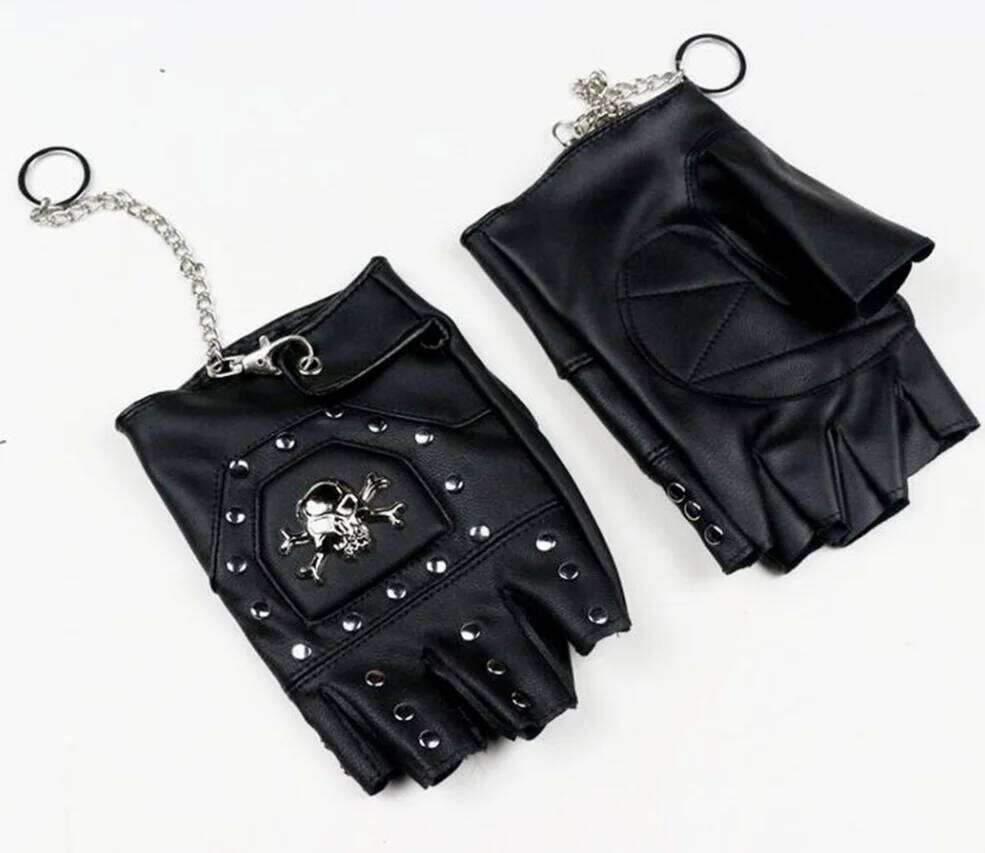 Punk Gothic Leather Pair Fingerless Biker Sports Mountain Gloves With Cranium Studded For Men Y260115