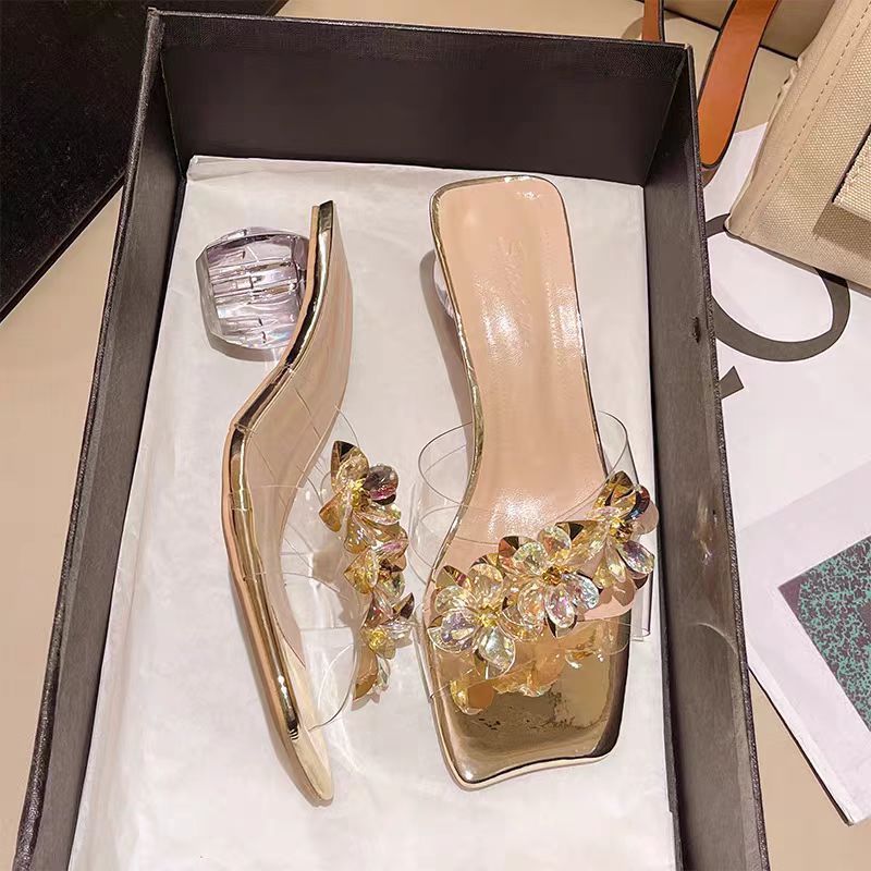Bright Silver Summer Transparent Crystal Half Trailer High Heel Sandals with Thick Heels and Large Sized Outwear Fashion Sandals 240528