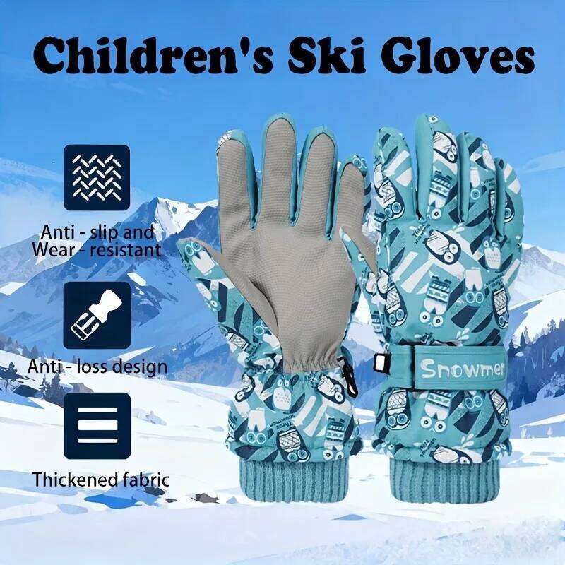 1 Pair of 4-14 Years Old Boys Girls' High-End Gloves, Fleece-Lined Thickened, Windproof and Warm, with Exquisite Graffit Y260115