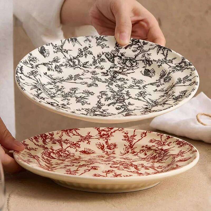 Vintage Floral Pattern Ceramic Shallow Round Dessert Steak Salad Dish Barbecue Plate Hotel Creative Tableware