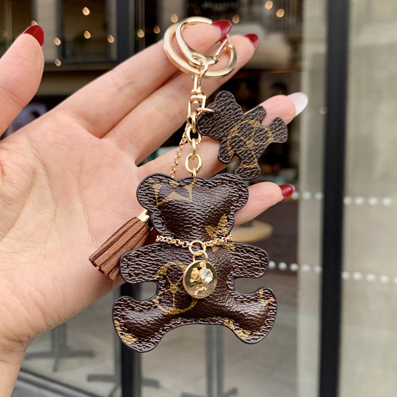 2026 Cute Cat and Bear Keychain PU Leather Colorful Pattern Tassel Rhinestone Pendant Bag Car Decor