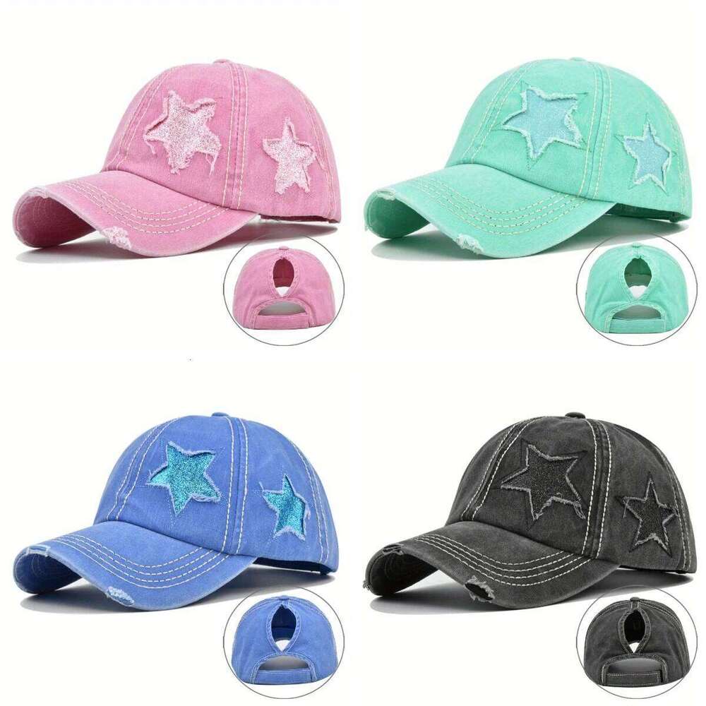 Solid Colour Washed Shabby Baseball Women Men Ponytail Cap Flash Star Fashion Sun Outdoor Cycling Travel Hikin Dad Hat Y260115