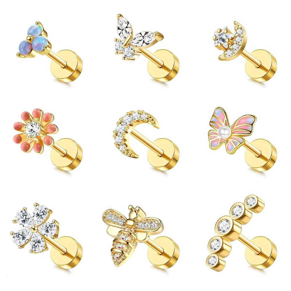 Valentine's Day Drperfect 1pc Cartilage Earrings Stud for Women Surgical Steel Flat Back Earring Butterfly Flower Tragus Helix Pierc 26H0115