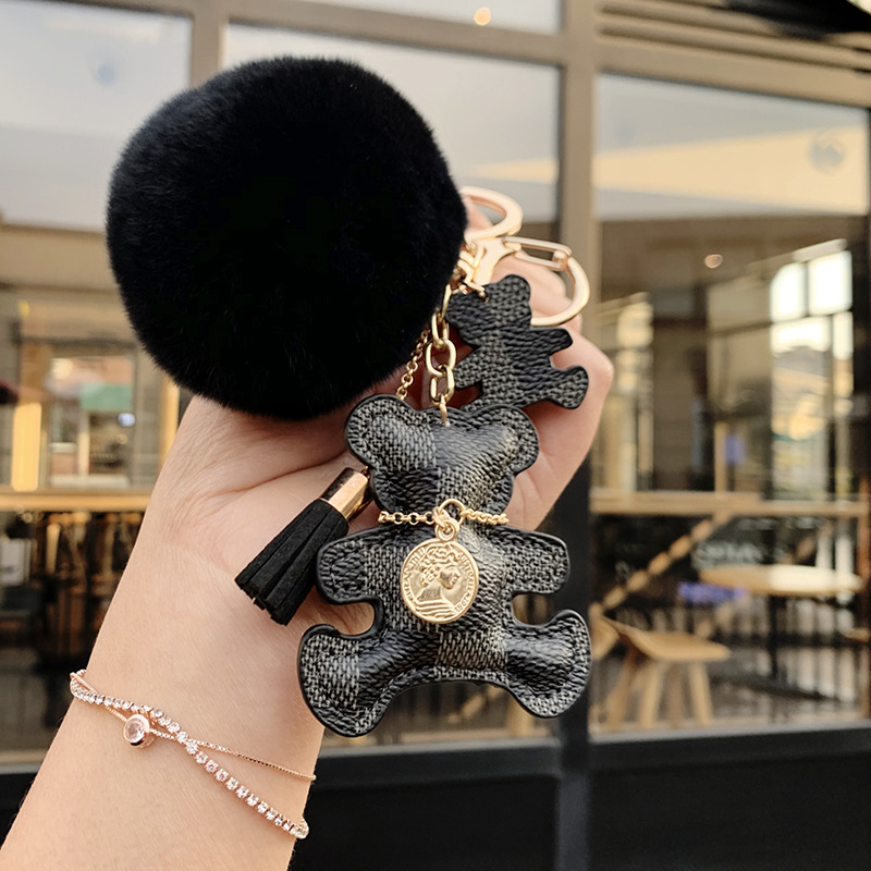 keychains new 2026 Cute Bear and Cat Keychain Checkered PU Leather Fur Pom-pom Coin Tassel Bag Car Decor - view 3