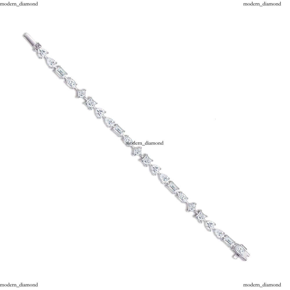 Shiny VVS Moissanite Mixed Cut Tennis Bracelet with Round Princess Baguette Gemstones 925 Silver 18k White Gold Plated Hip Hop Jewelry