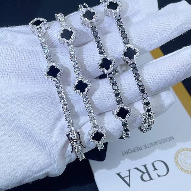Fine 925 Silver Hip Hop Tennis Clover Bracelet 3MM Moissanite Chain Passes Test Fashion Jewelry Bracelets for Men