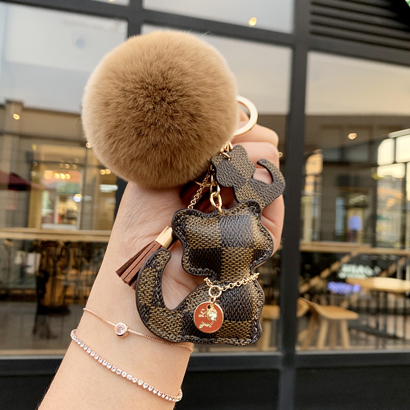 keychains new 2026 Cute Bear and Cat Keychain Checkered PU Leather Fur Pom-pom Coin Tassel Bag Car Decor - view 7