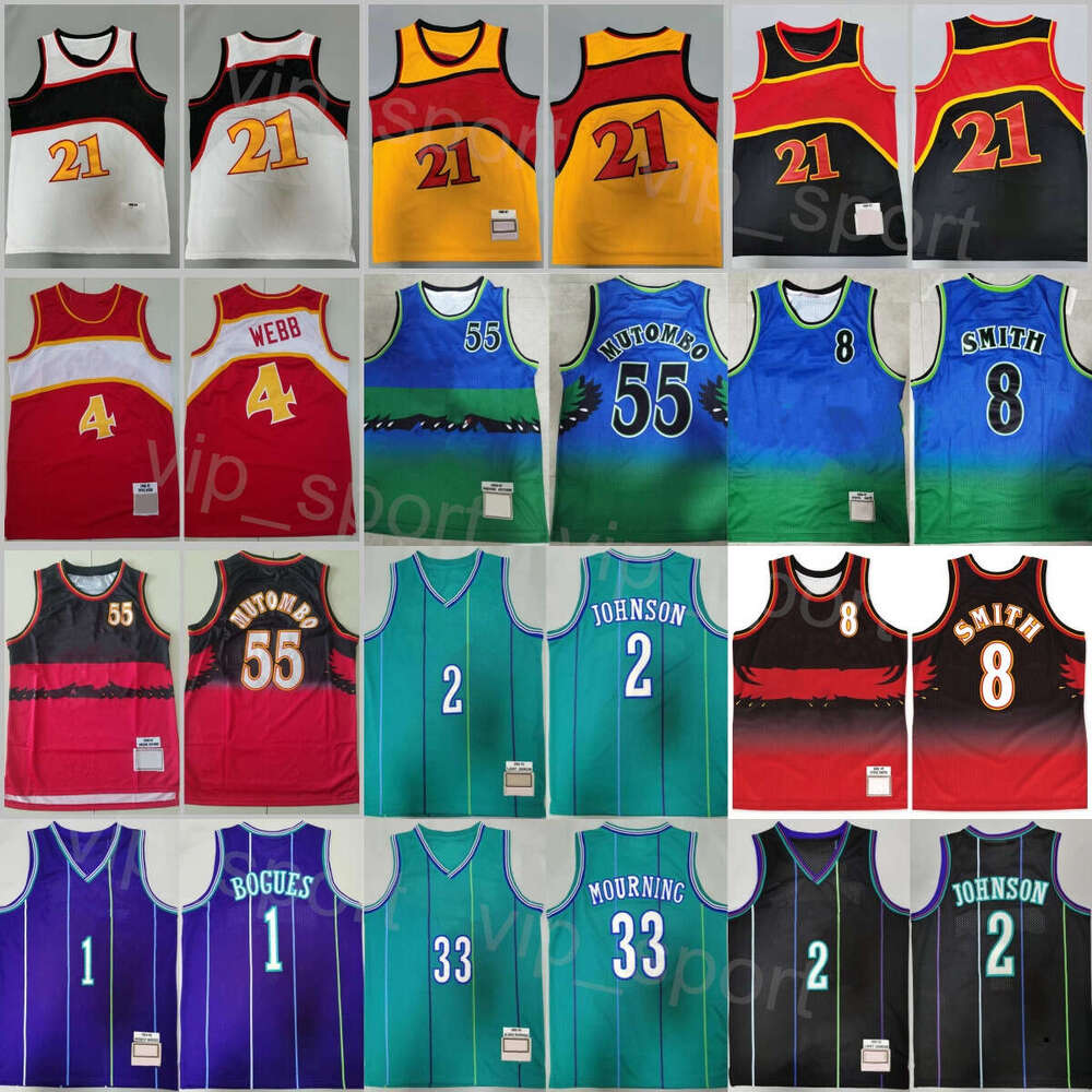 Retro Basketball Spud Webb Jerseys 4 Man Vintage Dikembe Mutombo 55 Steve Smith 8 Tyrone Msy Bogues 1 Larry Johnson 2 Alonzo Mourning 33 Shirt Throwback Sewn on