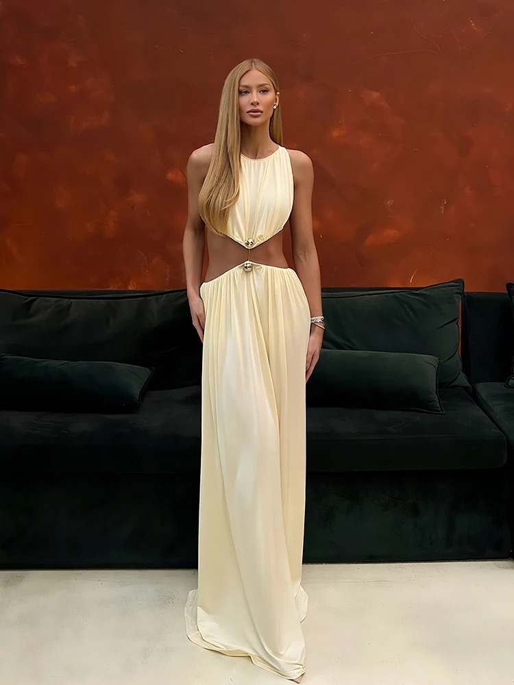 Weird Puss Waistless Chic Dress Women Metal Trim Sleeveless O-Neck Skinny Elegant Summer Hipster Prom Party Vacation Vestidos 260116