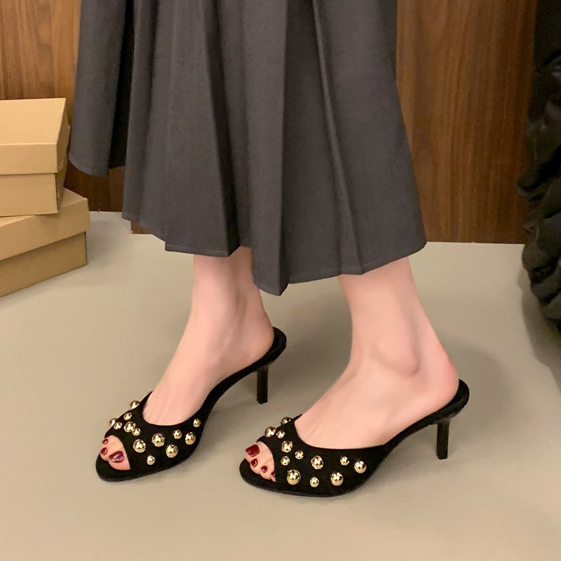 2026 Studded Single Strap Stiletto Slides, Luxury Summer Heeled Sandals for Women, Versatile Outdoor Dressy Thongs
