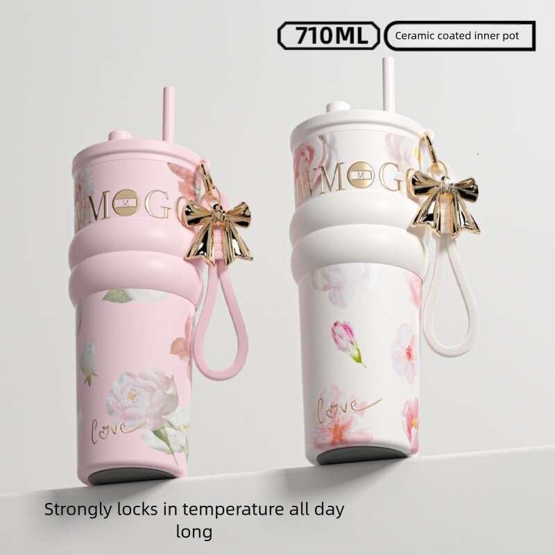 Floral Print Stylish Straw Insulated Water Bottle Large Capacity Portable For Women On The Go Car Friendly Ceramic Liner