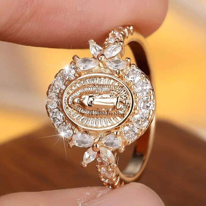 Elegant Gold Color Virgin Mary Ring with Synthetic Zirconia - Perfect for Casual Attire & Special Occasions