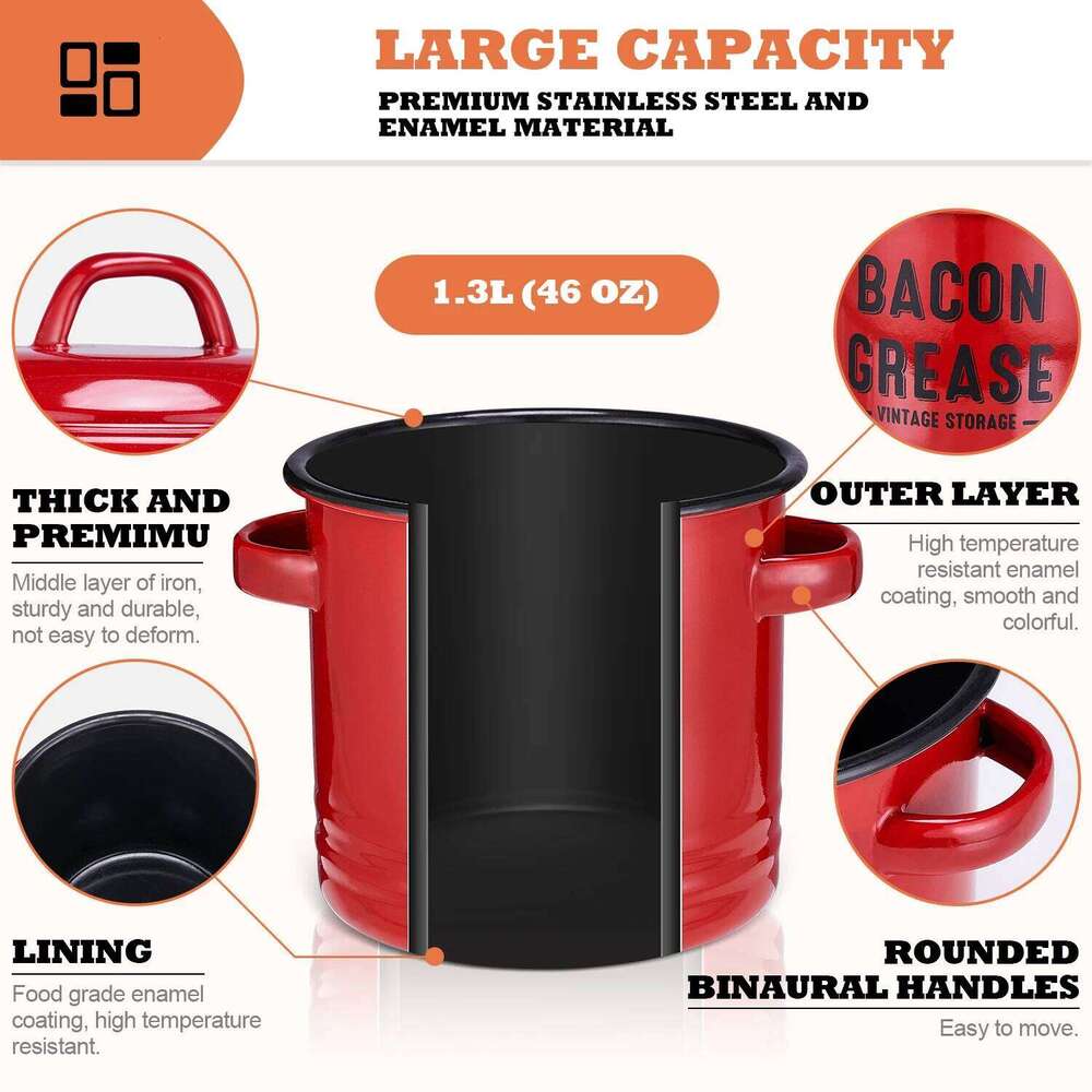 Kitchen Storage Oil Container Strainer Large Grease Can with Lid Food Grade Kitchenware Storage Tank Durable Farmhouse Bacon Drippings Pot Red Storage