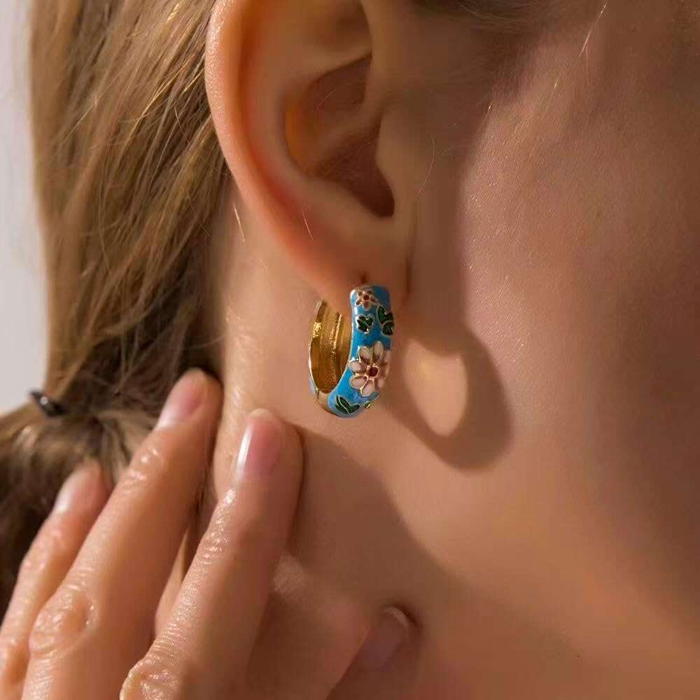 Jewellery Earrings Fine Jewellery Silver Plated Vintage Cloisonne Enamel with Blue Red Black Floral Chinese Style Design for Holiday Party and Special