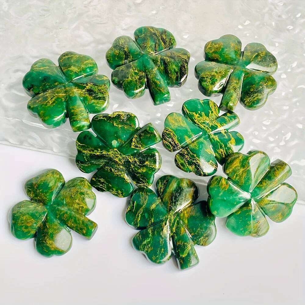 1pc Natural PeaRooster Crystal Stone Four Leaf Clover Marbled Green Yellow Loose Gemstone for DIY Jewelry Making Home Decor