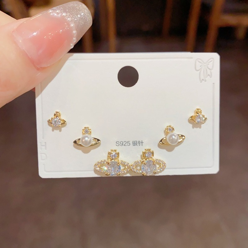 Dainty Saturn Pearl Stud Earrings Set with Micro Paved Cubic Zirconia S925 Silver Needle Fashion Versatile Jewelry for Women