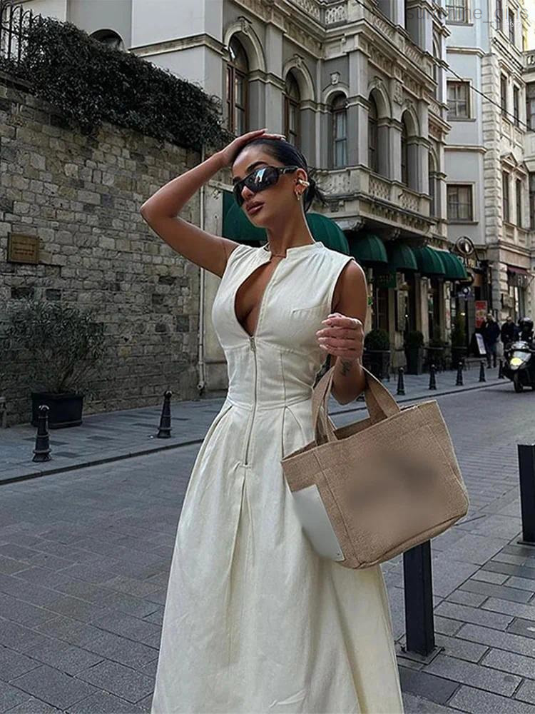 Casual Dresses Women Elegant Solid Half Zipper A-line Fashion Round Collar Sleeveless Pleated Slim Dress Female High Street Robe