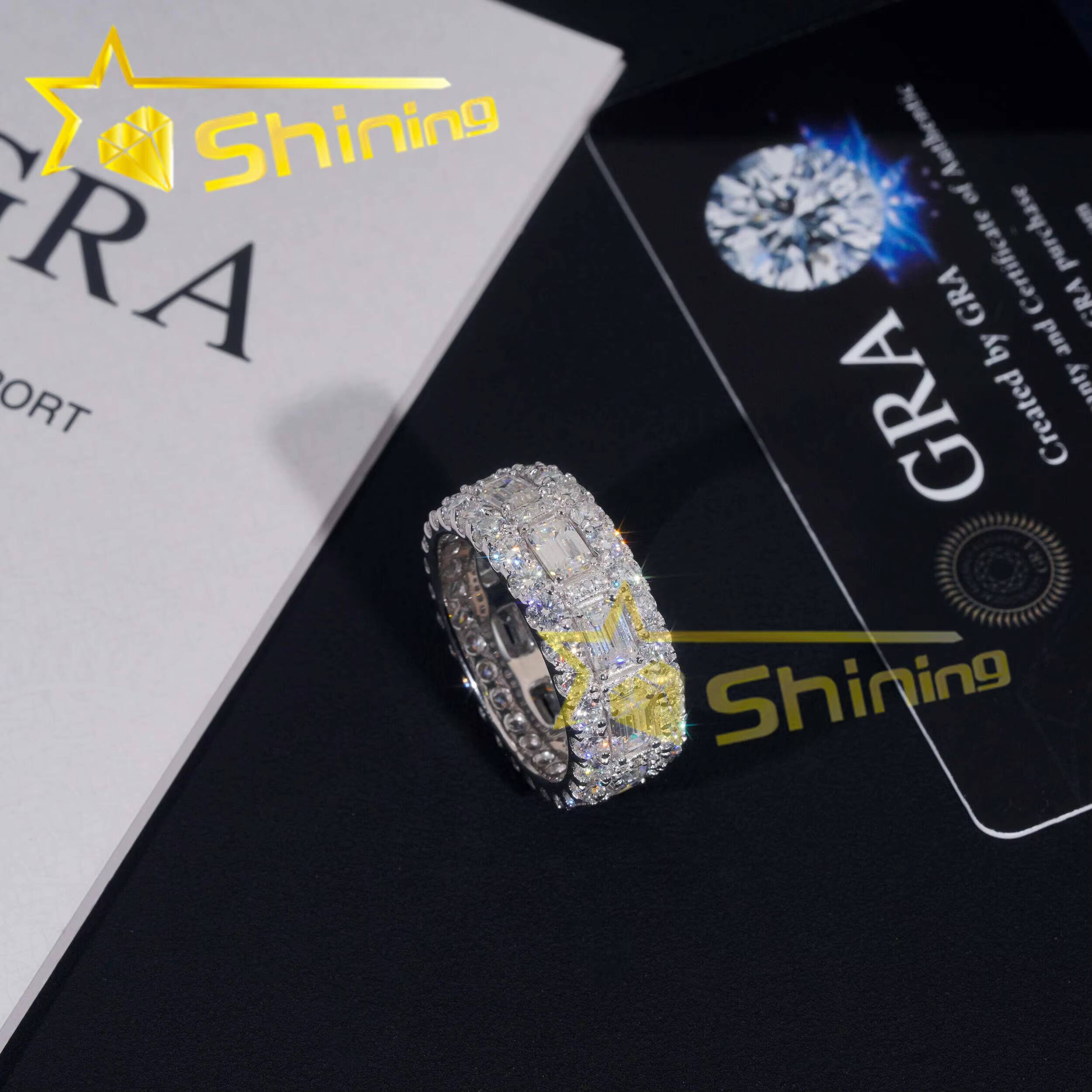 Luxury Emerald Cut Moissanite Iced Out Mens Ring 925 Silver Gold Plated Hip Hop Fine Jewelry Men Ring