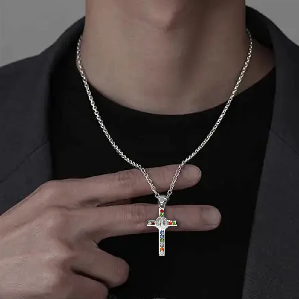 Saint Benedict Jesus Cross Stainless Steel Necklace Catholic Crucifix Male Colored Zircon Necklaces Jewelry San Benito 260113