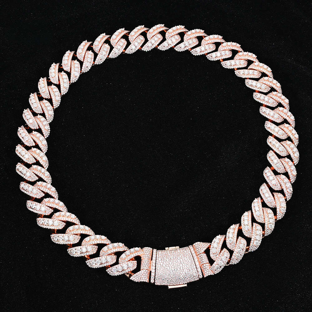 22mm Curved Flip Clasp with Raised Pointer Cuban Chain Brass Moissanite Rose Gold Plated Ice Crystal Necklace Hip Hop Jewelry