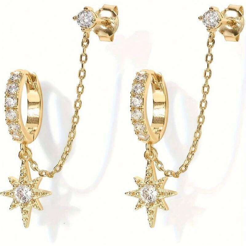 Bohemian Style Chain for Women Double Pierced Dangle Earrings with Zirconia Studs Retro Fashion All-Season Gift