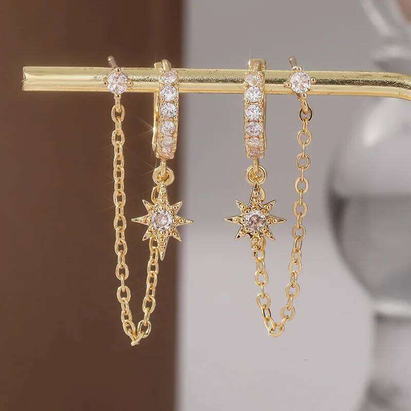 Bohemian Style Chain for Women Double Pierced Dangle Earrings with Zirconia Studs Retro Fashion All-Season Gift