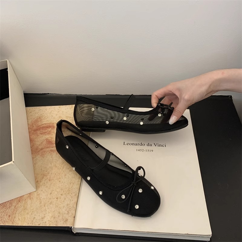 Free Shipping 2026 Crystal Embellished Ballet Flats, Mesh Mary Jane Shoes with Bow, Breathable Round Toe Casual Pumps