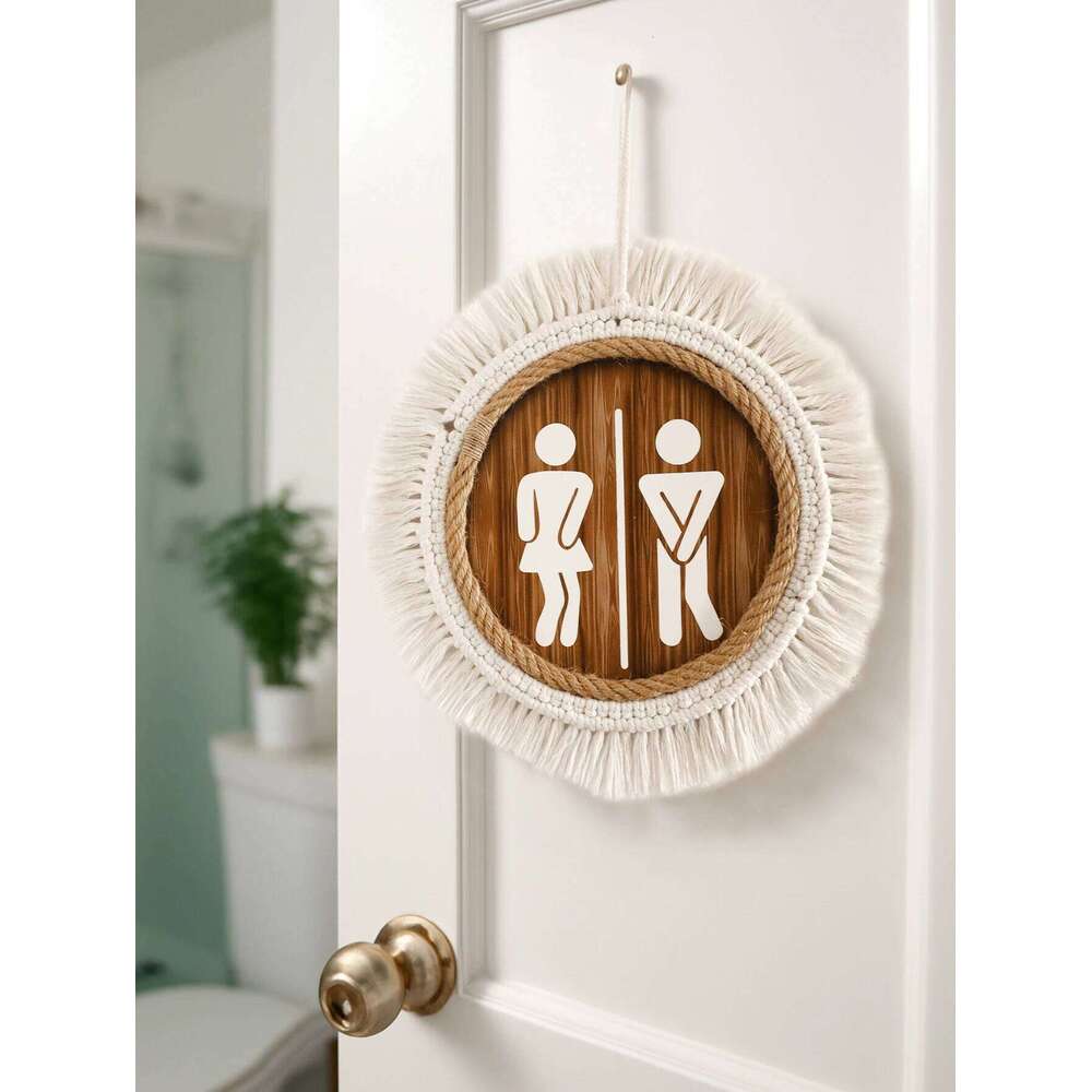 Wall Macrame Sign Round Toilet Decor Men Women Bathroom Symbol Plaque Wooden Rustic Hanging Ornament For Restroom Home Decor