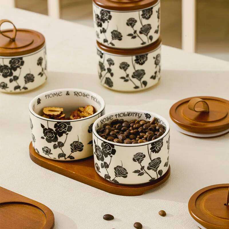 Ceramic Storage Jar Black Rose Pantry Decor Kitchen Storage Airtight Food-Grade Container for Coffee Beans Tea Sugar Kitchenware Sealed Storage Bottle
