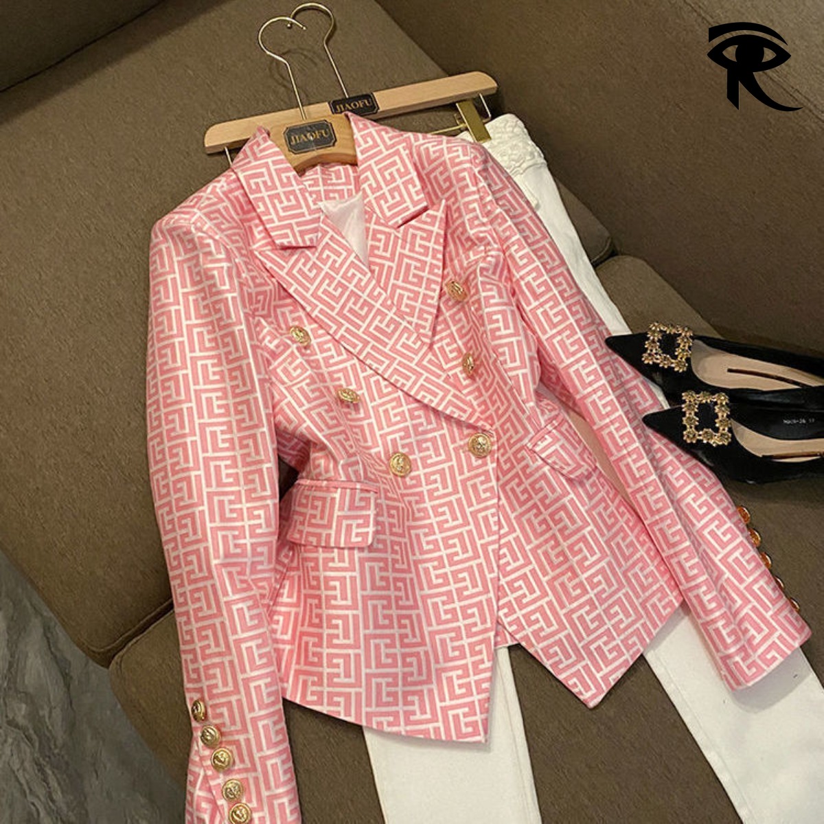 2025 New European and American Star Fashion Double Breasted Pink Geometric Jacquard Slim Black Suit Jacket Small Suit Original Clothing Designer Tops 