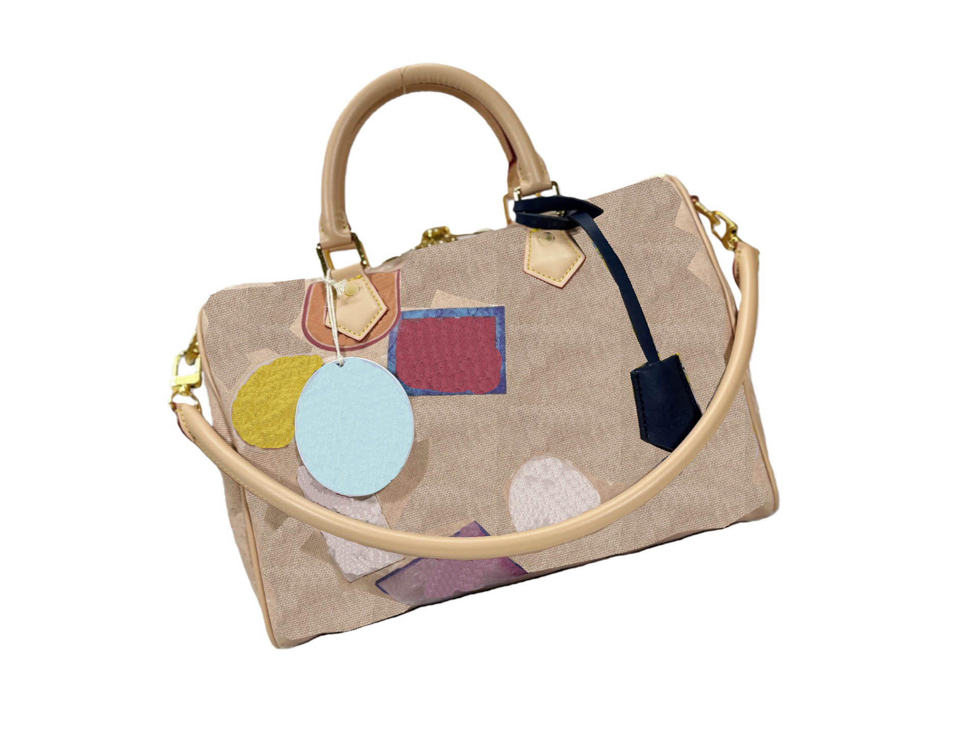 Designer bag, decoration and collage effect label, long handle for easy shoulder carrying, another great travel companion.