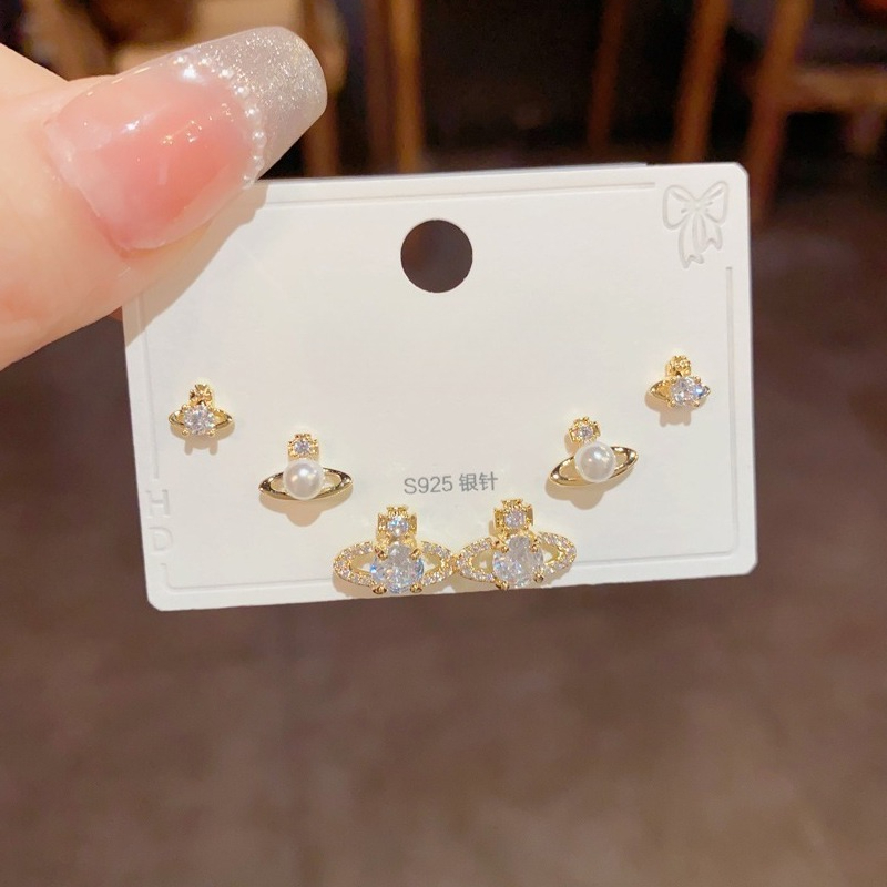 Dainty Saturn Pearl Stud Earrings Set with Micro Paved Cubic Zirconia S925 Silver Needle Fashion Versatile Jewelry for Women