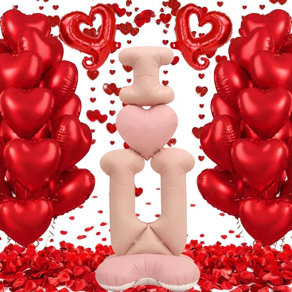 Romantic Valentines Day Decorations Heart Globos Giant Rose I LOVE YOU Foil Balloon Fake Petals For Proposal Wedding Anniversary