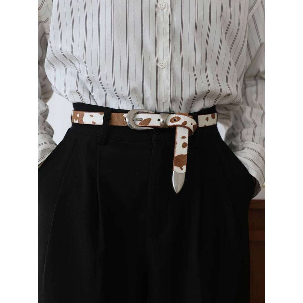 Women Men Handmade Cow Print Buckle Belt 2cm 26Y0117