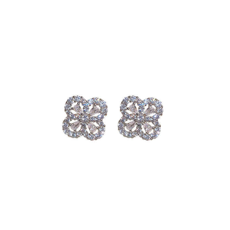 Women's Ear Rings Full Diamond Four-Leaf Clover Light High-End Simple Elegant Exquisite Zircon Earrings Sparkling